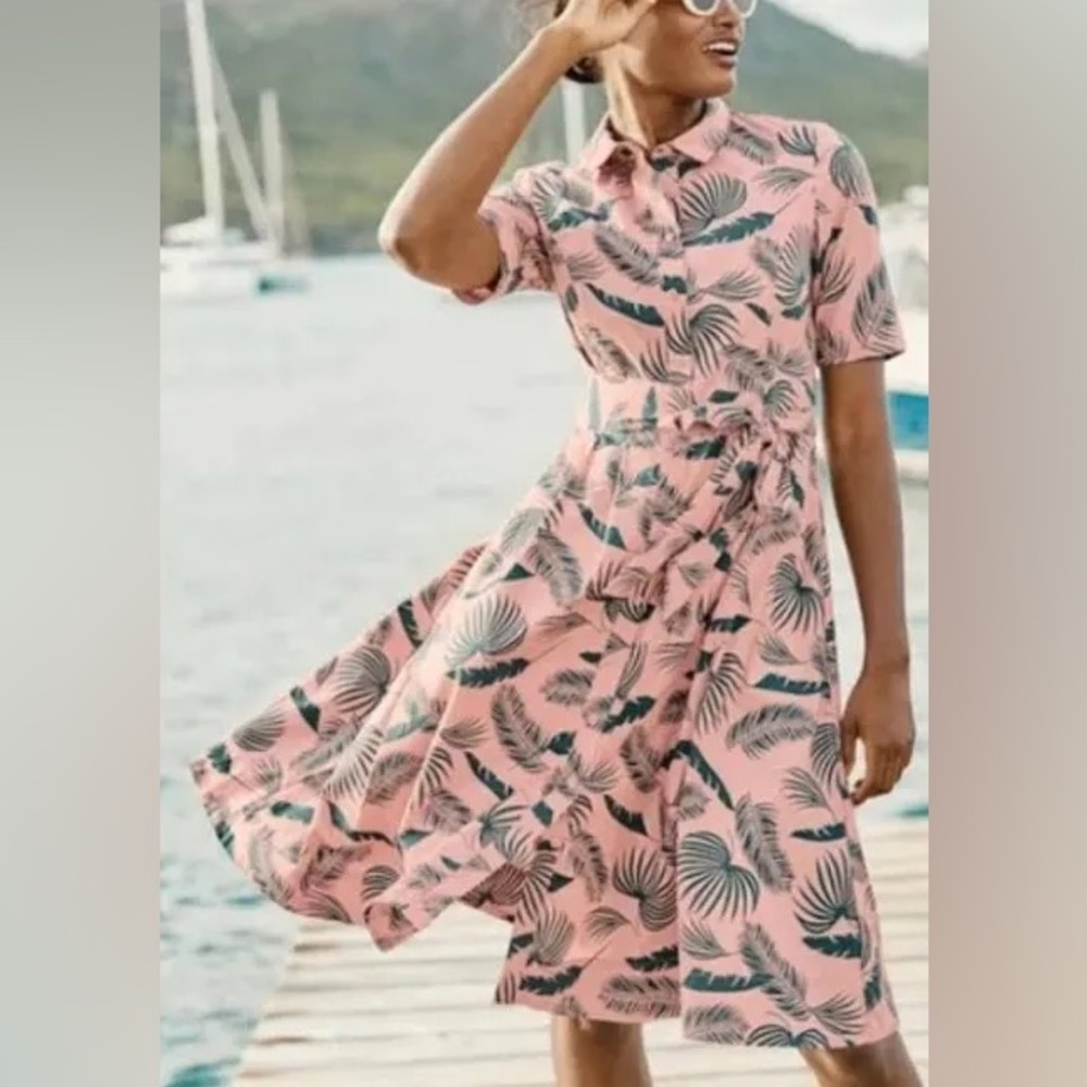 Boden Pink and Green Palm Print Midi Shirt Dress US 8